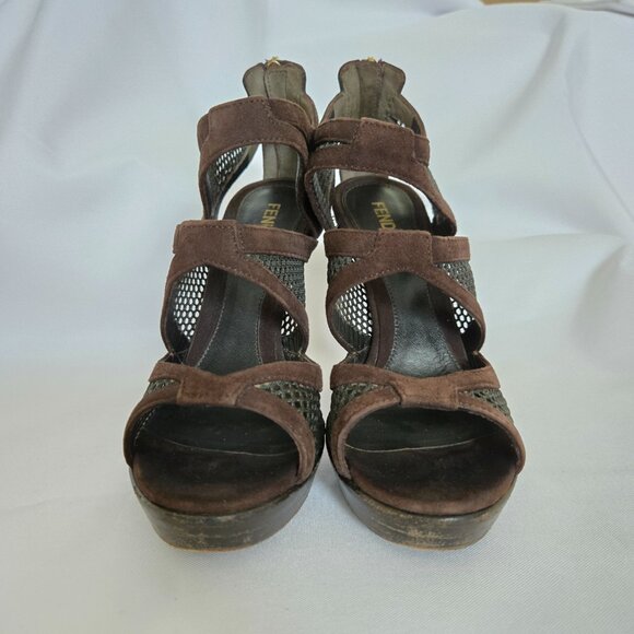 Fendi Sandalo Camoscio Rete Nylon Suede Mesh Heels Brown SZ 36.5 (6.5) - Picture 3 of 14